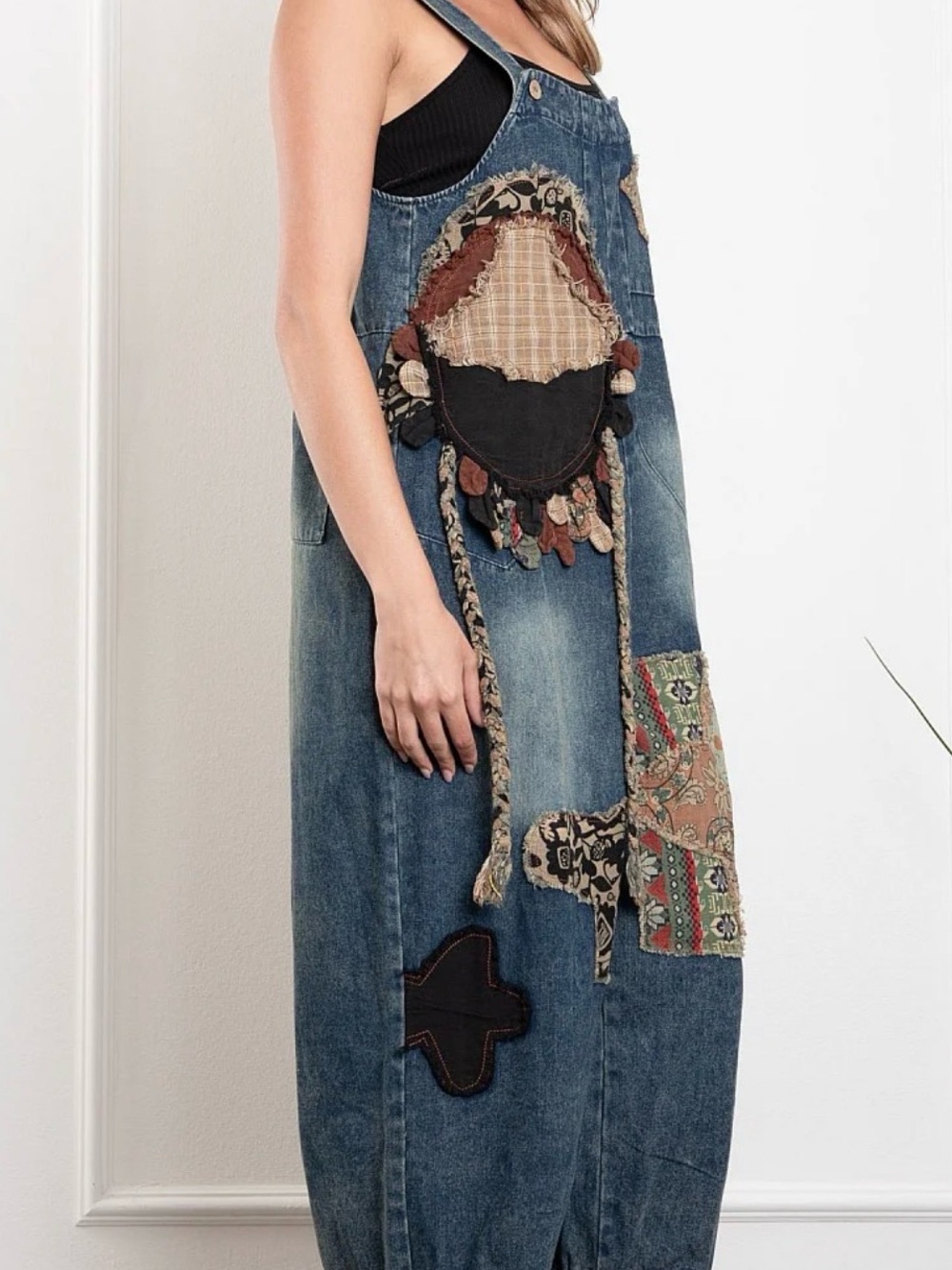 Women’s Patchwork Denim Overalls Jeans in Blue - Picture 2 of 3